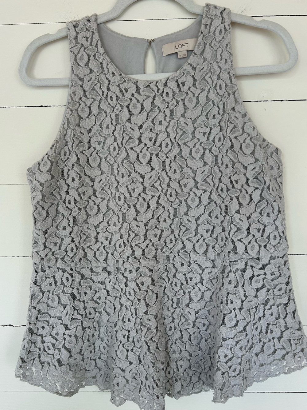 LOFT Light Gray Blue Floral Lace Peplum Camisole, Size Medium